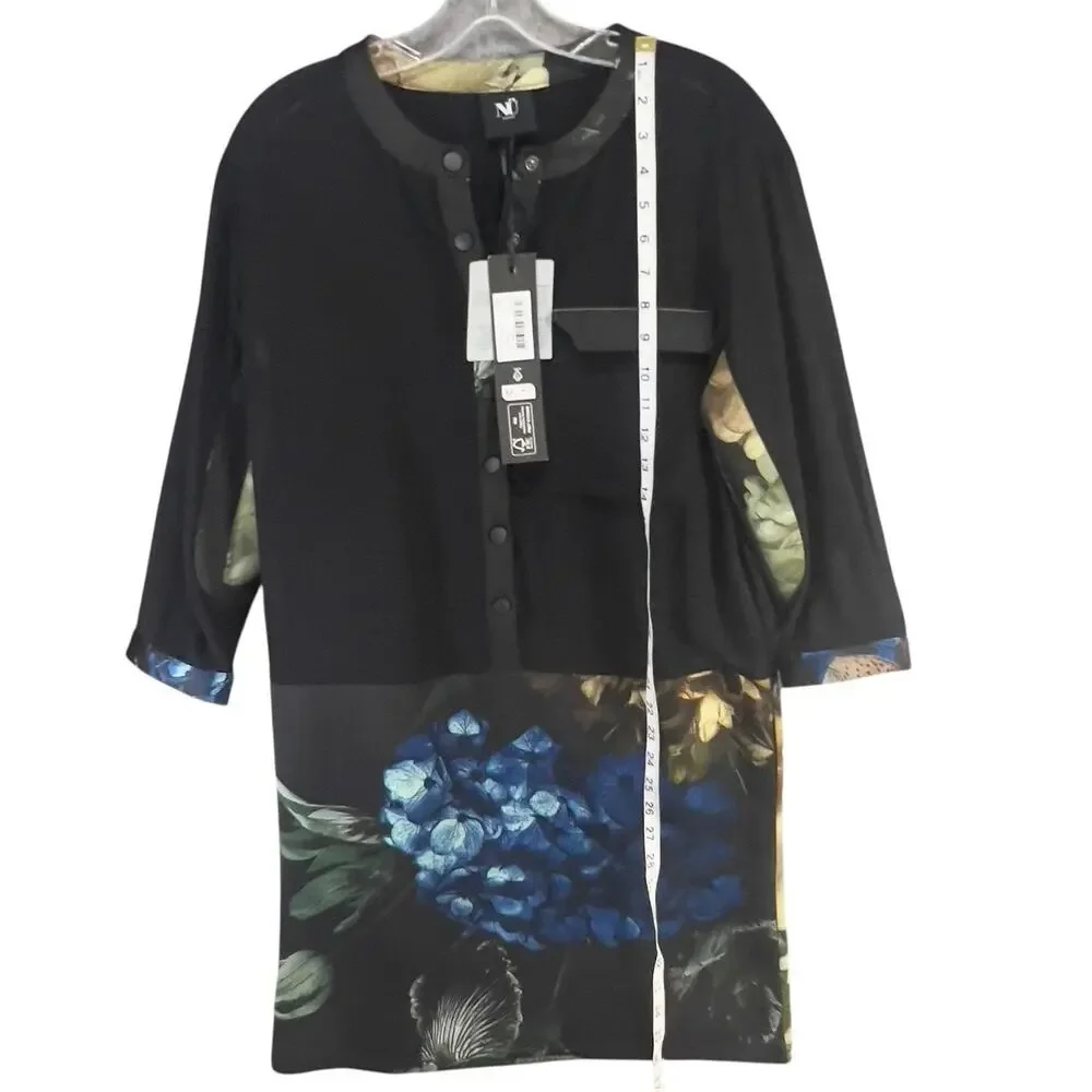 NU Denmark Dress Womens XS Black Blue Floral Sheer Button Romantic Goth Boho NEW